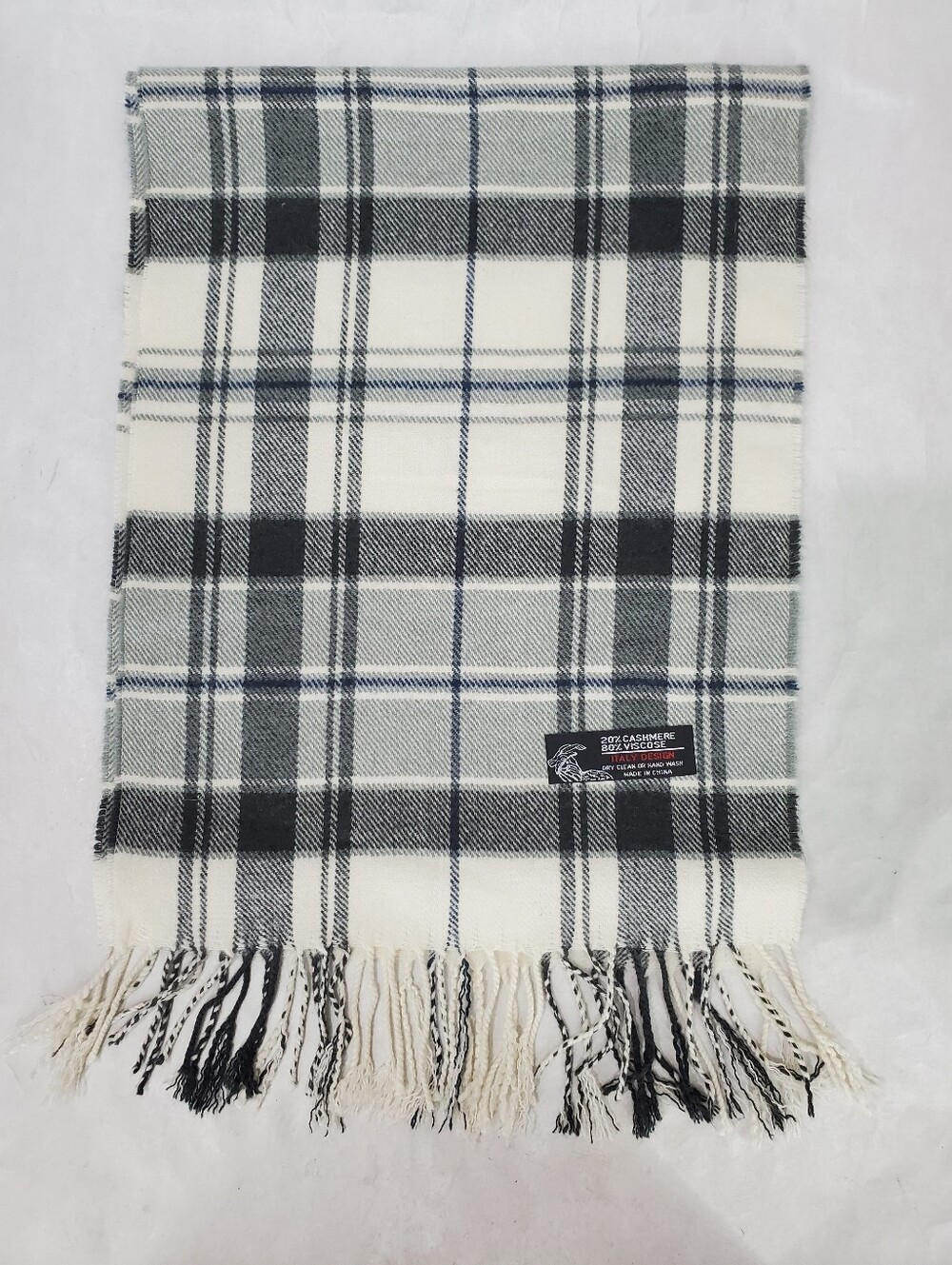 Cashmere Blend Plaid Scarf Gray Cream Navy Unisex Tartan Unisex